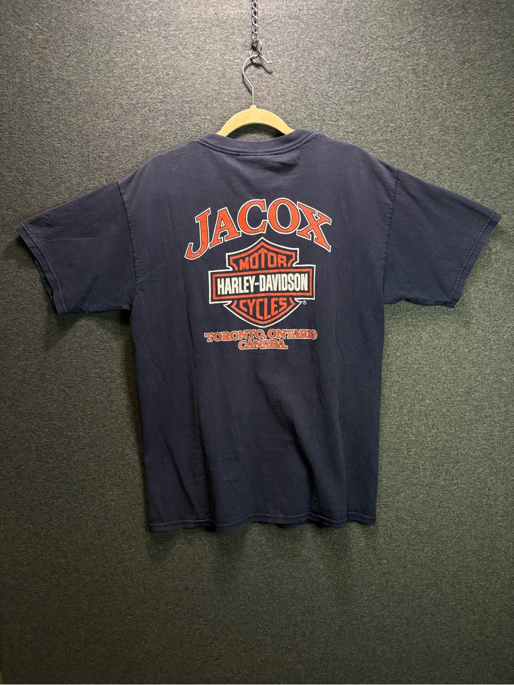 Vintage Harley-Davidson Navy Short Sleeve Tee with Red & White Jacox Logo